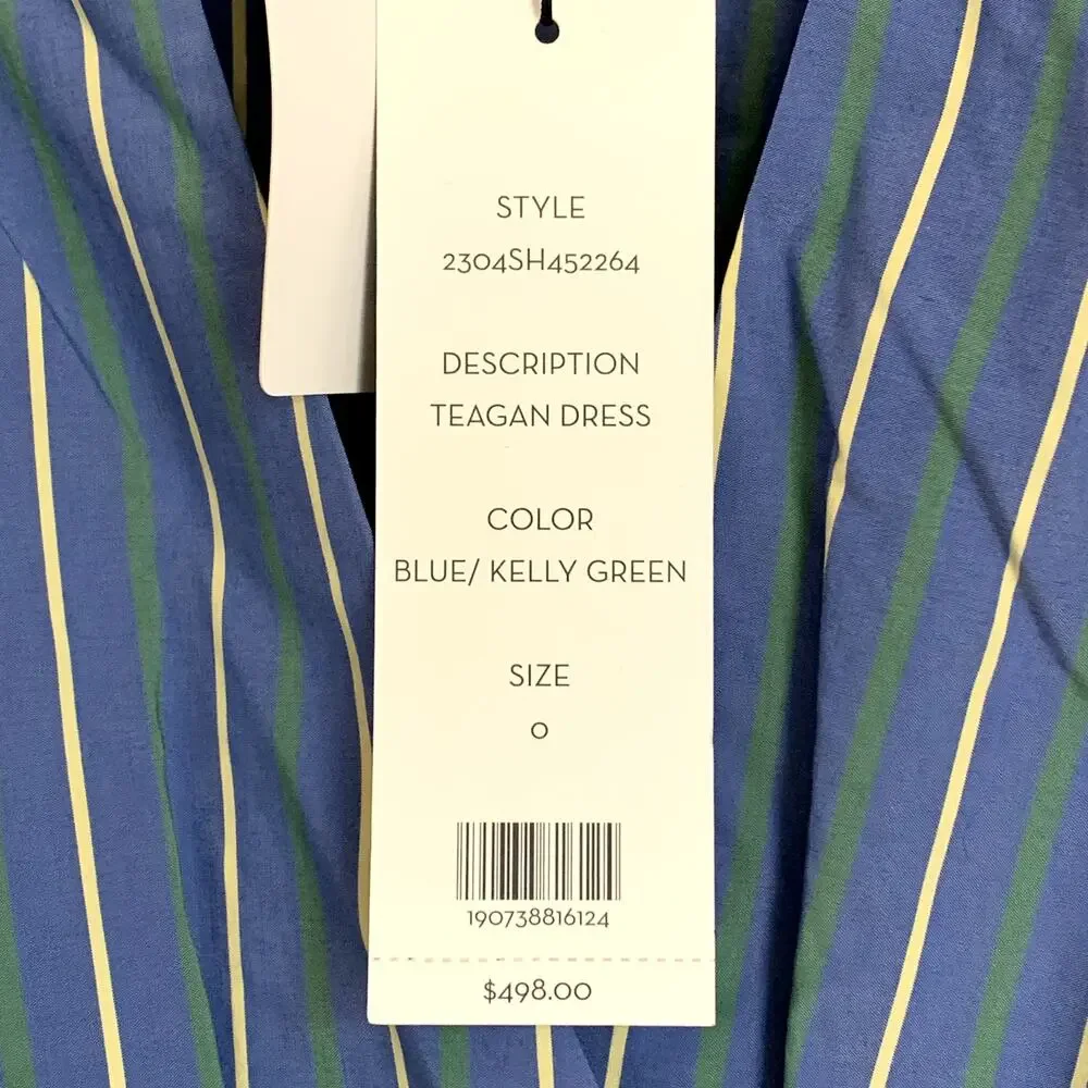 NWT Veronica Beard Teagan Stripe Ruched V-Neck Midi Dress in Blue/Kelly Green - Picture 14 of 15